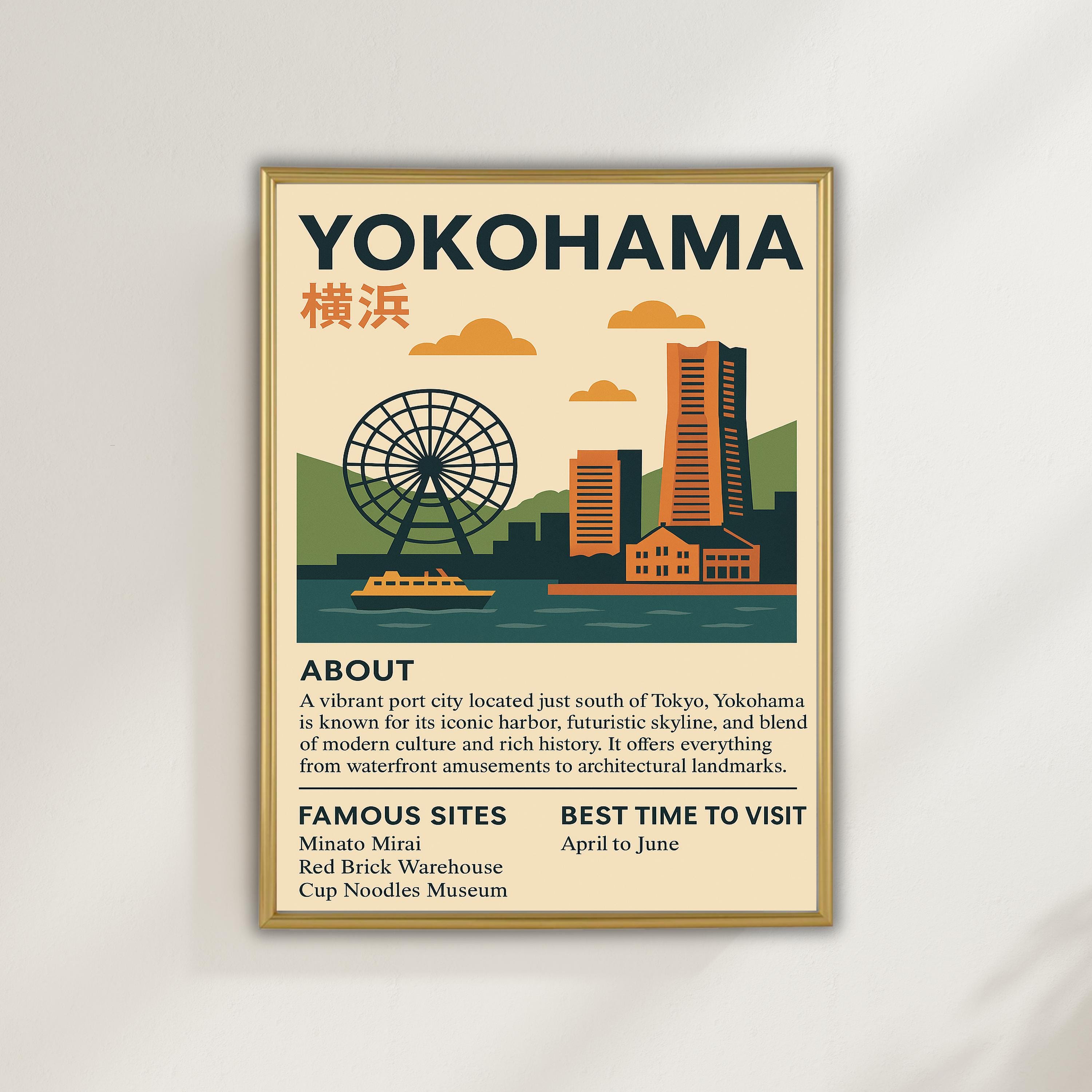 額入り YOKOHAMA 日本ポスター ヴィンテージスタイル |日本の壁飾り 