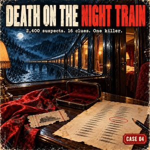 Könnte beinhalten: Ein Spielschachtel-Cover mit dem Titel Death on the Night Train und dem Text 2,400 suspects. 16 clues. One killer. Das Bild zeigt einen nächtlichen Zug, roten Stoff, eine offene Schmuckschatulle, ein Zugticket, eine Liste und einen Bleistift.