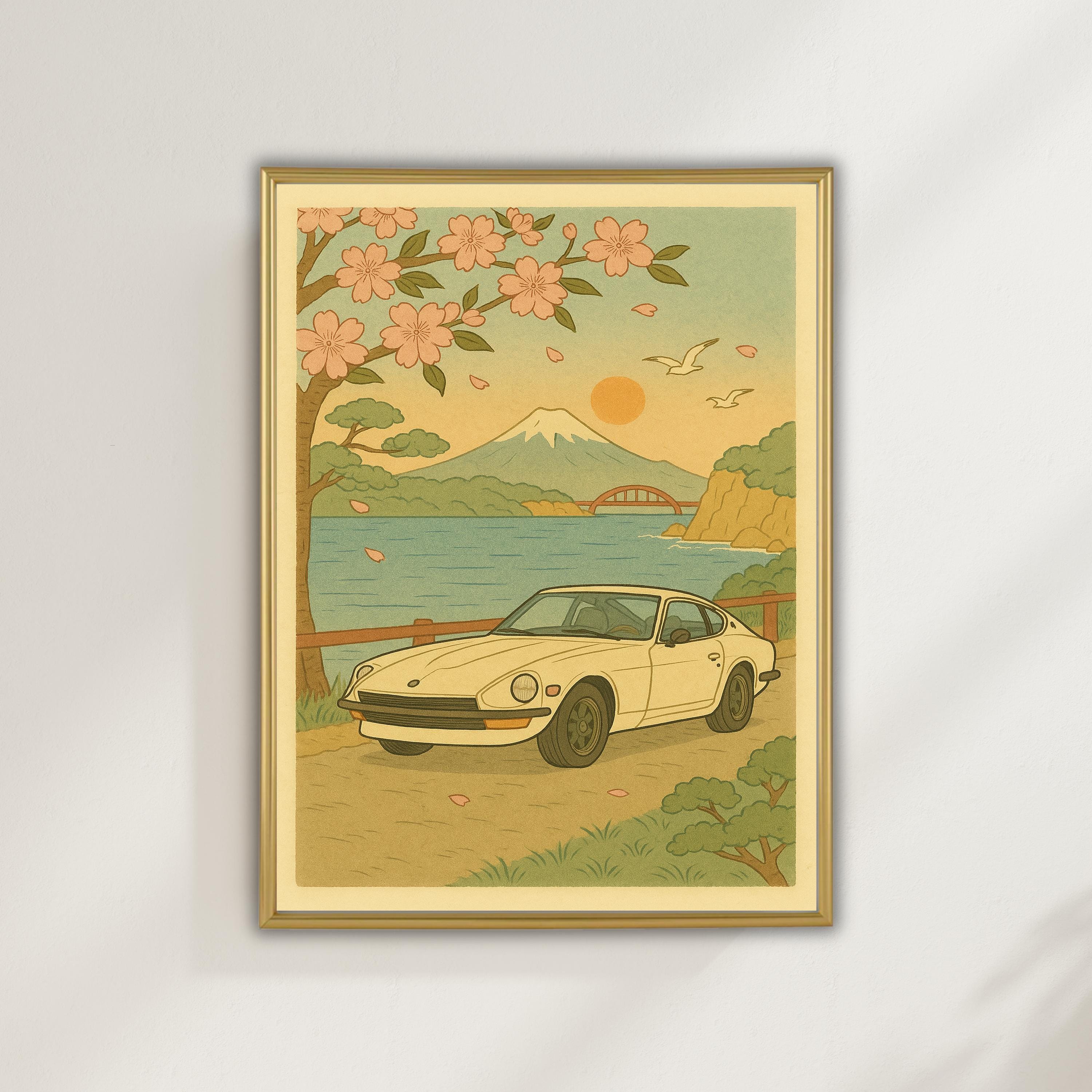 Framed Retro Japan Poster With Datsun 240Z – Mt. Fuji, Cherry