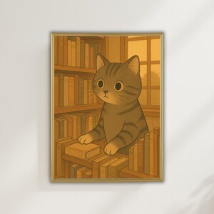 Könnte beinhalten: Gerahmte Illustration einer Cartoon-Katze in einer Bibliothek. Die Katze ist grau mit braunen Streifen und großen Augen und steht zwischen Bücherstapeln. Die Farbpalette ist warm, mit Braun- und Goldtönen.