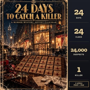 以下が含まれることがあります： 「24 Days to Catch a Killer」と題されたミステリーアドベントカレンダー。赤い封蝋が施された24枚の番号付き封筒、虫眼鏡、白い手袋が特徴です。背景には、大きなクリスマスツリーが飾られた華やかな街並みが描かれています。