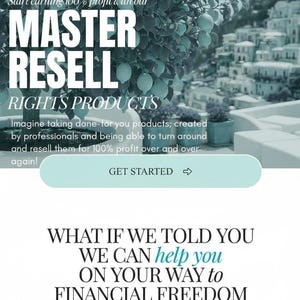 May include: A promotional image with text that reads "MASTER RESELL RIGHTS PRODUCTS." The image features a tree with green fruit and a coastal town in the background. The text also includes "GET STARTED."