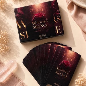 Op de afbeelding: Een set Whispers of Silence orakelkaarten met een bijpassende rechthoekige doos. De kaarten en doos hebben een donkere achtergrond met een dieprode roos, gouden lichtaccenten en de tekst Whispers of Silence en Mind Gold by Leonieks.
