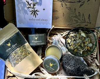 Cofanetto benessere botanico per la cura dei piedi: crema per talloni alle erbe, scrub allo zucchero, kit di erbe naturali per pediluvio.