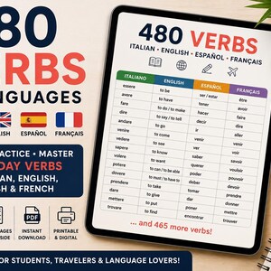 Può includere: Un tablet digitale che mostra una tabella intitolata 480 VERBS in italiano, inglese, spagnolo e francese. Lo schermo presenta una tabella con colonne per ogni lingua e righe di verbi comuni. Un'icona rossa indica un download in formato PDF.
