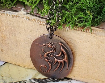 Dragon Necklace - Mens & Womens Dragon Chain Pendant - Vintage Wax Seal Necklaces - Copper Jewelry - Vintage Style Dragon Pendant