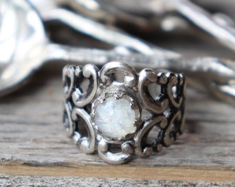 White Opal Adjustable Ring Opal Moonstone Ring Filigree Adjustable Ring