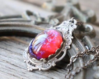 Gothic Fire Opal Pendant Necklace - Mexican Fire Opal Necklace, Gothic Jewelry Sterling Silver Chain