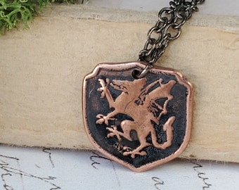 Celtic Dragon Necklace - Mens & Womens Dragon Chain Pendant - Vintage Wax Seal Necklaces - Copper Jewelry - Vintage Style Dragon Pendant