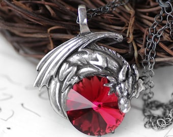 Dragon Necklace Ruby Red Swarovski Crystal Dragon Necklace - Pewter Pendant and Sterling Silver Pendant