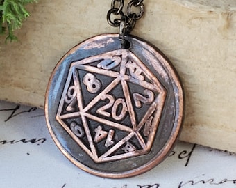 Dungens and Dragons Necklace - DnD Dice Pendant - Vintage Wax Seal Necklaces - DnD Jewelry - D20 Necklace - Copper Jewelry