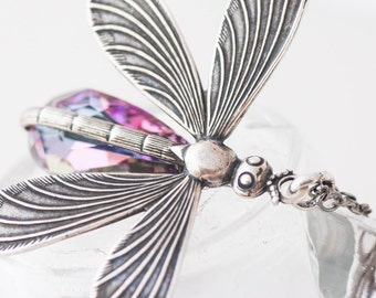 Dragonfly Necklace, Dragonfly Jewelry Purple Swarovski Crystal Silver and Gunmetal Necklace Birthstone