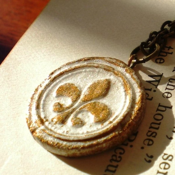 Fleur de lis Necklace Pendant - Handmade Painted and Glazed Medieval Style Porcelain Medallion