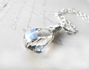 Ice Crystal Swarovski Pendant Necklace Wire Wrapped with Sterling Silver Crystal Twist Teardrop Briolette Snow Winter