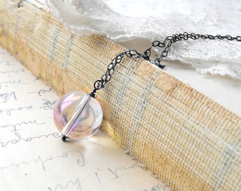 Blush Pink Crystal Necklace Sterling Silver Oxidized Wire Wrapped