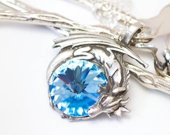 Dragon Necklace Game of Thrones Jewelry Aquamarine Swarovski Crystal Fantasy Goth Necklace