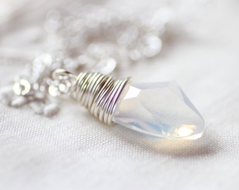 Snow White Swarovski Crystal Opal Wire Wrapped Pendant Necklace in all Sterling Silver