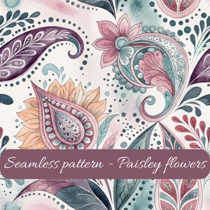 Peut inclure: Motif sans couture à l'aquarelle avec des fleurs de cachemire dans les tons de violet, rose, orange et sarcelle. Le motif comprend des éléments floraux et cachemire avec un effet aquarelle. Le texte "Seamless pattern - Paisley flowers" est affiché.