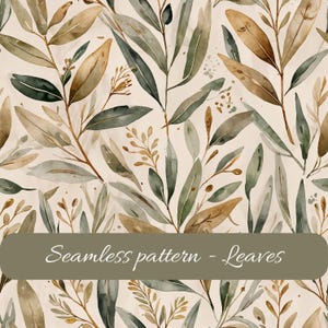 Peut inclure: Motif sans couture à l'aquarelle avec un design botanique de feuilles vertes, marron et beiges. L'image comprend le texte "Seamless pattern - Leaves" en blanc sur une bannière marron.