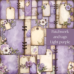 Peut inclure: Motif patchwork violet clair avec étiquettes et motifs floraux. L'image présente un collage de carrés à motifs, des étiquettes avec des ornements floraux et le texte "Patchwork and tags Light purple".