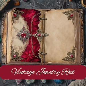 Puede incluir: Un libro antiguo abierto con páginas envejecidas, con adornos de metal dorado y piedras preciosas rojas. La página izquierda muestra un diseño floral rojo con un colgante y cadena de joyería vintage. El texto "Vintage Jewelry Red" se muestra.