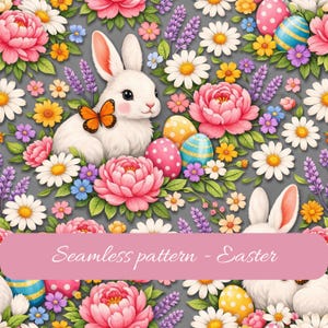 Peut inclure: Motif de Pâques sans couture avec un lapin blanc, un papillon orange, des pivoines roses, des marguerites et des œufs de Pâques. Le motif comprend de la lavande et d'autres petites fleurs sur fond gris.