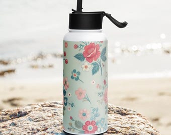 Floral Design Water Bottle - Stainless Steel Tumbler with Straw - 32oz