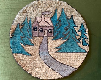 Vintage Grenfell Labrador Industries Hooked Mat Rug 12” Round Rustic Cabin