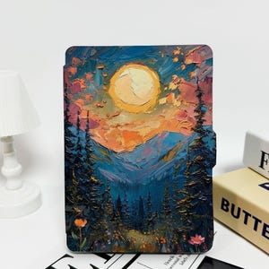 May include: A colorful painting of a mountain range with a large, yellow moon in the sky. The painting is done in a thick, impasto style, giving it a textured look. The colors are bright and vibrant, and the overall effect is one of peace and tranquility.