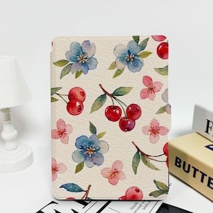 Cherry Blue Flowers - Custom Kindle Case–Optional Hand Strap, Fits Paperwhite 1/2/4, Kindle 2022, 10th & 11th Gen, Colorsoft Cover and More