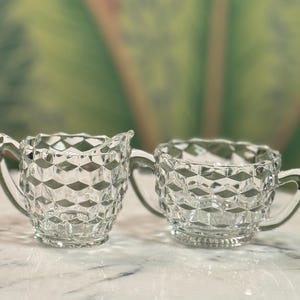 Sugar and Creamer Set, Vintage Fostoria Glass Creamer and Sugar Set, Clear Pressed Glass with Geometric Block Pattern, 1928