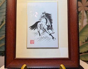 Vintage Chinese Horse Brush Painting After Xu Beihong,  Framed Ink Wash Art, Traditional AsianEquestrian Wall.