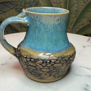 Hand Thrown Artisan Ceramic Mug, Turquoise DripGlaze Pebble Texture 4" Signed "E".