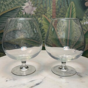 May include: Two clear brandy snifters with rounded bowls and short stems. The glasses sit on a white marble surface, reflecting light. The background features a green and white tropical leaf pattern.