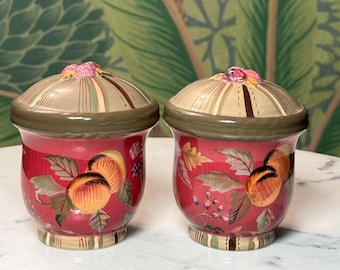 Tracy Porter Octavia Hill Garden Salt & Pepper Shakers Red Ceramic Fruit Pattern Set.
