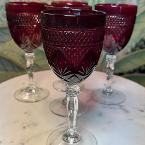 Glassware, Set of 5 Cristal D&#39;Arques-Durand,  Antique Ruby  Water Goblets, Vintage French Pressed Glass