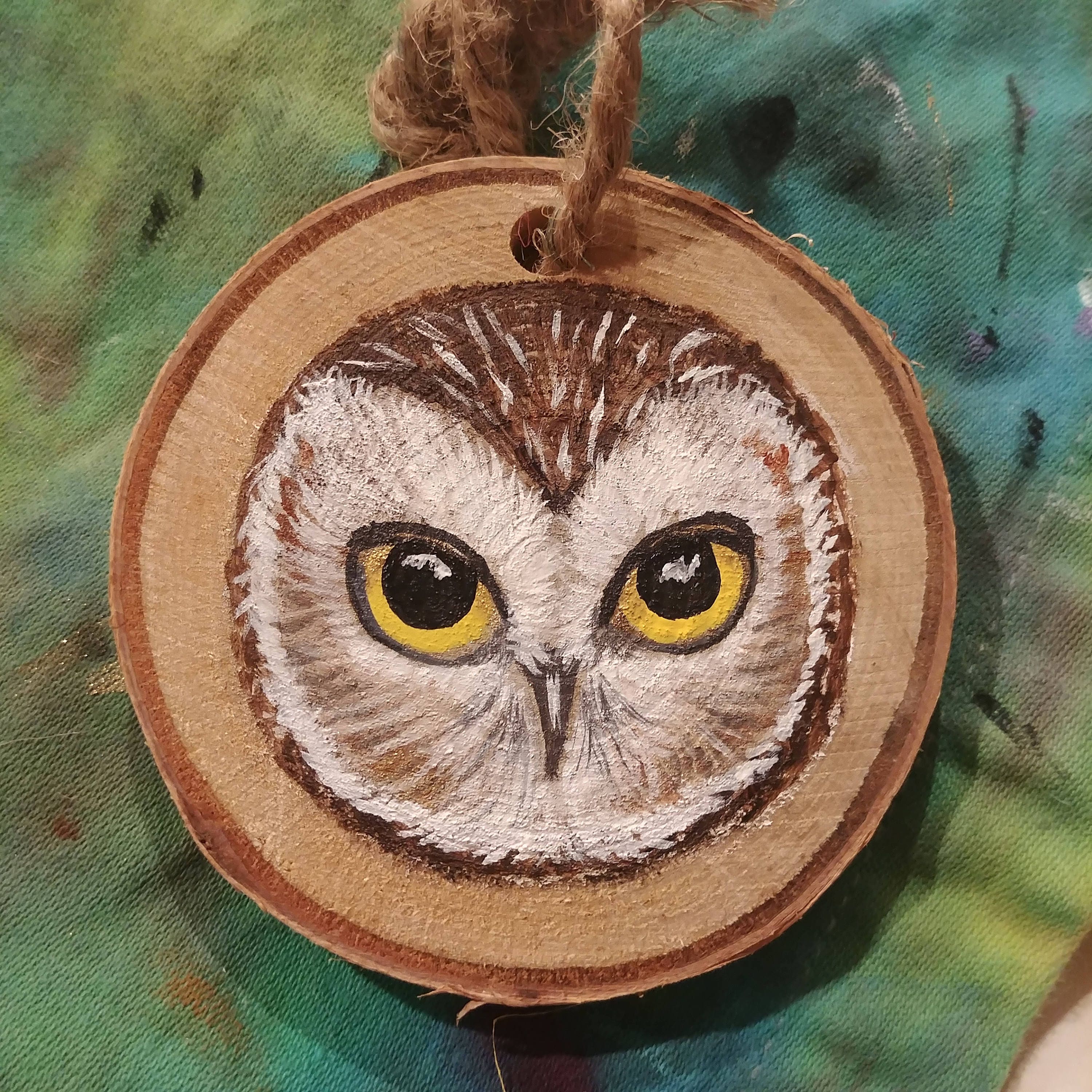 Hand-painted Saw-Whet Owl Birch Ornament