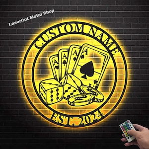 Insegna LED personalizzata con scritta "Casino Poker" - Decorazione murale in metallo personalizzata con carte e fiches, regalo per papà, decorazione per bar di casa, regalo di compleanno per lui