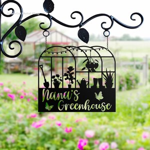 Aangepaste metalen bord kas, gepersonaliseerde hangende naamplaat tuin, tuindecor, retro kas cadeau voor moeder oma