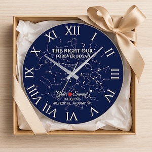 Reloj con mapa estelar azul medianoche – Regalo celestial personalizado – Reloj de pared silencioso con fecha y ubicación – Recuerdo de boda o aniversario