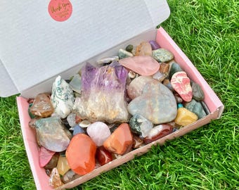 Crystal Lucky dip Box - lucky dip Crystals - A Mystery Crystal Selection of Polished & Unpolished, Pure, Gemstones and Tumblestones