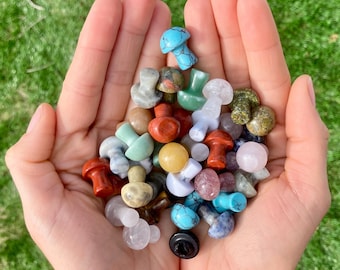 May include: A collection of small, colorful, polished stone mushroom figurines. The mushrooms are made of various types of stones, including turquoise, jasper, and rose quartz.
