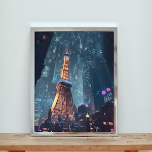 Futuristiskt Tokyo Tower – En cyberpunkvision – väggkonst | Direkt digital nedladdning | Bonus: autentisk fotografi