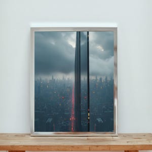 May include: A framed photograph of a city skyline with a tall building in the center. The sky is cloudy and the city lights are visible at night.