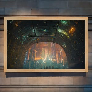 Könnte beinhalten: Ein gerahmtes Bild einer futuristischen Stadt, die von einem Tunnel aus betrachtet wird. Die Stadt ist mit hellen Lichtern beleuchtet und der Tunnel ist mit Metallbalken ausgekleidet.