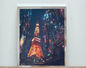 Noches de Neo-Tokio: La Torre de las Luces / Arte mural / Descarga digital instantánea / Bono: fotografía auténtica