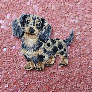 Puede incluir: Parche bordado de un perro salchicha con un pelaje moteado en tonos negro, beige y crema. El perro se representa de pie con la cola levantada. El parche está diseñado para planchar o coser sobre tela.