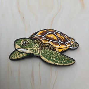 Può includere: Una toppa ricamata raffigurante una tartaruga marina con testa e pinne verdi e un guscio a motivi marroni e gialli. Il disegno è delineato con filo nero, mostrando cuciture dettagliate che definiscono gli occhi e le squame della tartaruga.