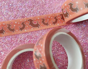 Washi tape met teckel print 15mm x 10 meter - Valentijn teckel washitape - snail mail, scrapbooking, crafting