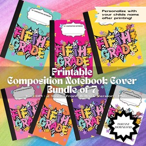 Fifth Grade Composition Notebook Cover Printable Bundle | 7 Colorful Back 2 School Designs | DIY Sticker Paper Book Covers Instant Download